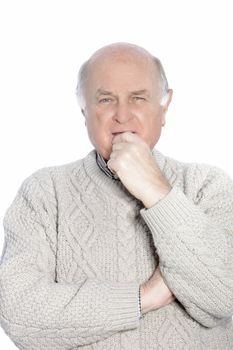Old man holding his chin isolated on a white background