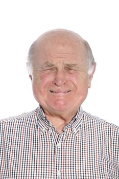 Frightened senior man crying, portrait on white background