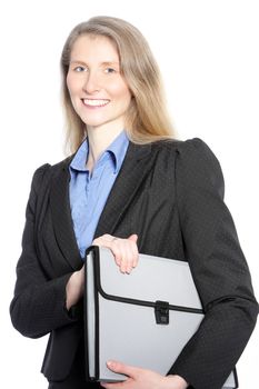 Mid aged businesswoman holding an envelope bag isolated on