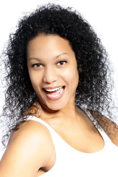 Portrait of happy excited woman with wide smile