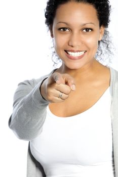 Portrait of happy African American female pointing at you