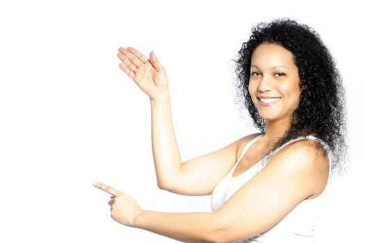 Beautiful African American female pointing at something