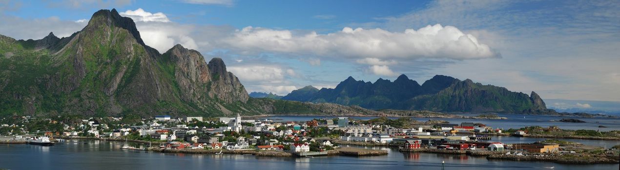 Panorama of Svolvaer town, administrative centre of Vagan Municipality in Lofoten islands, Nordland county, Norway, Situated appr 250 kilometres north of the Arctic Circle, as in summer time