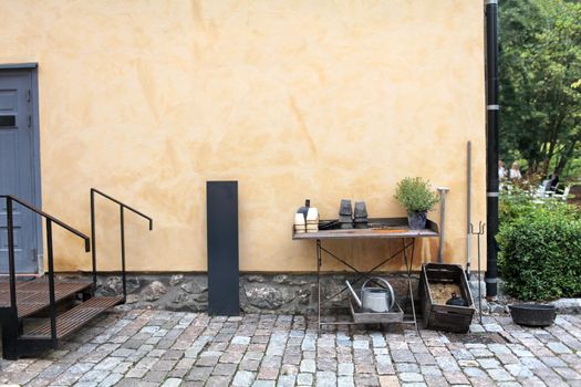 gardening tools and plants arranged on a table