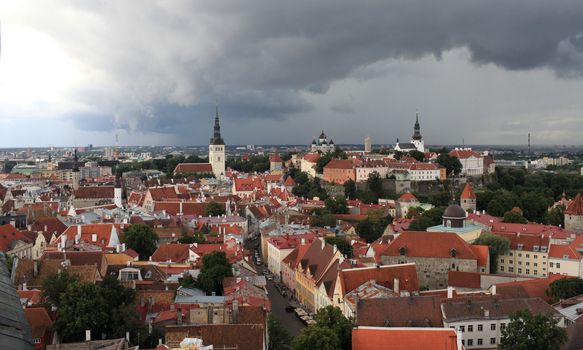red tile roof top view of the medieval town Tallinn, Estonia