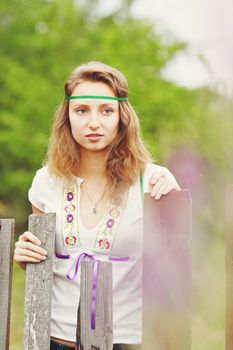 Beautiful girl with ribbons. Early morning photo