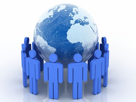 blue group of people standing around world globe 