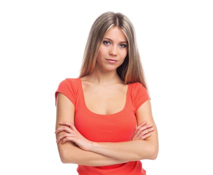 Portrait of a young woman, on white