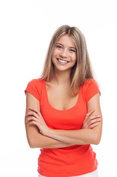 Portrait of a cheerful young woman, on white 