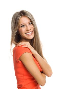 Portrait of a cheerful and sexy young woman, on white 