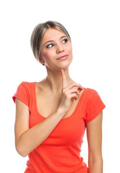 Young woman thinking and looking, on white