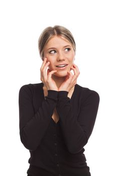 Young woman looking and attracted, on white