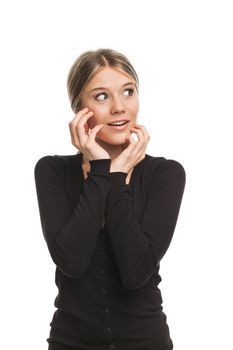 Young woman surprised looking something, on white