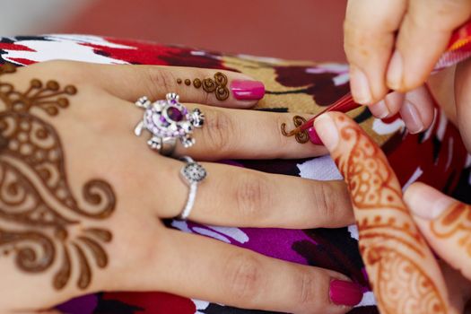 The Indian pattern is drawn a girl. Mehandi