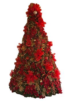 High Christmas tree decorated red and gold isolated