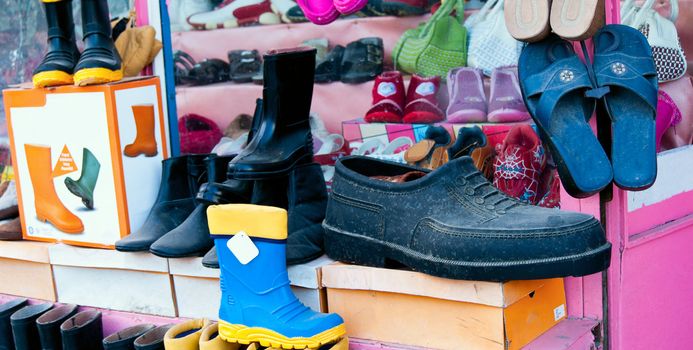 Footwear shop in Turkey. Focus on bigfoot shoe.