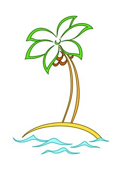 Island, palm tree with leaves, sea waves