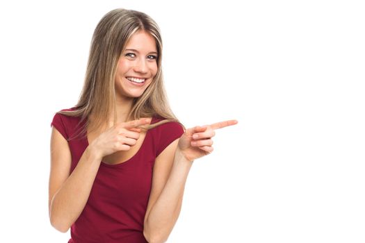 Young woman showing signboard, on white