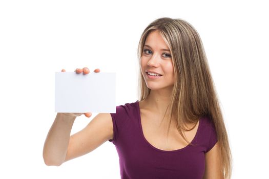 Young woman showing a white card, isolated on white