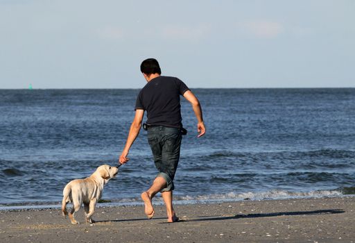 A man and a labrador puppy running along the beach