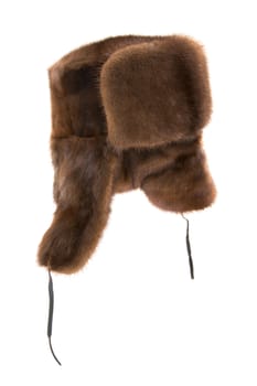 Winter fur cap on a white background