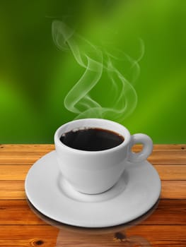 White cup of hot coffee on wood table and green background