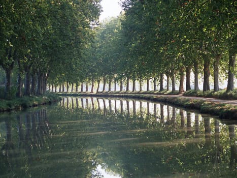 view from boat on the canal du midi, france