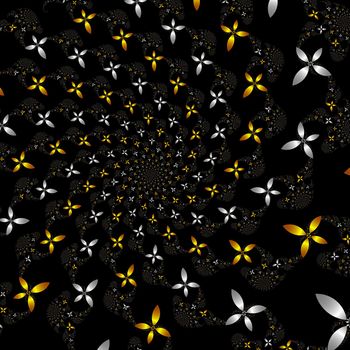 many fractal flowers in gold and silver forming a spiral over black background
