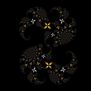 many fractal flowers in gold and silver forming a multiple spirals over black background