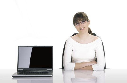 Satisfied businesswoman showing a presentation on the laptop.
(This file include a path on the laptop screen)
