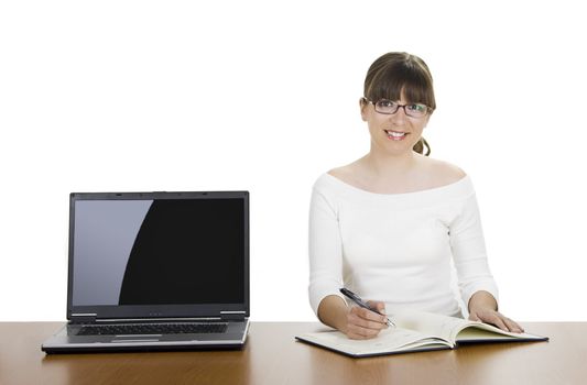 Satisfied businesswoman showing a presentation on the laptop.
(This file include a path on the laptop screen)
