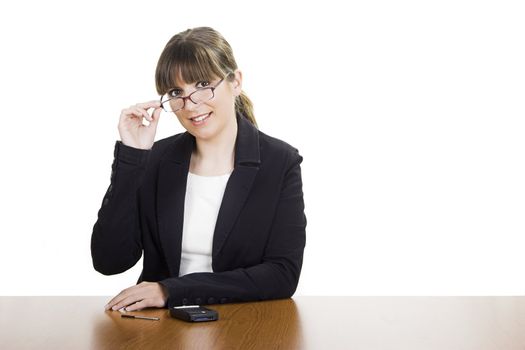 Beautiful business woman with a Pda over a white background