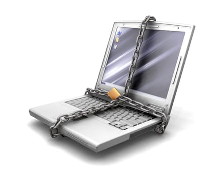 3D render of a laptop with a padlock and chain around it