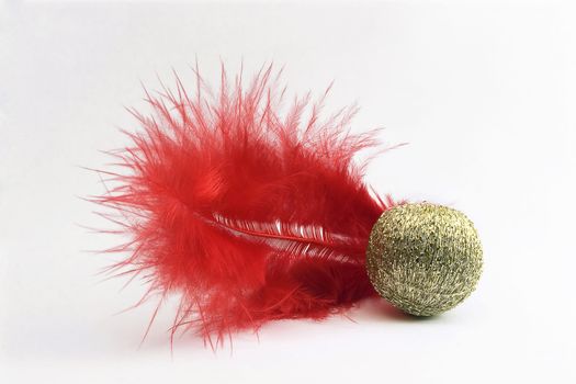 Cristmas decorations (red feather and gold ball) on a white background