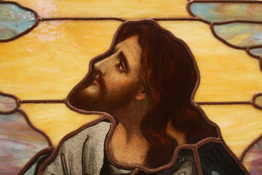 jesus portrait is sculpted in stained glass