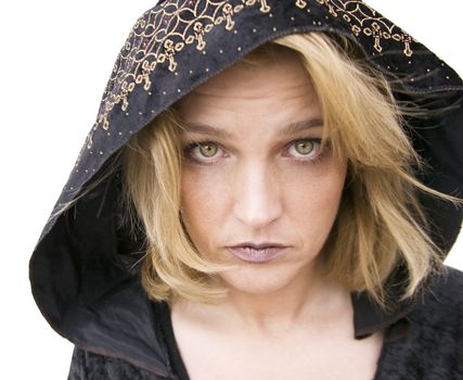 New Age Woman with Green Eyes Wearing a Hood