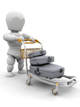 3D render of someone with suitcases on a luggage trolley