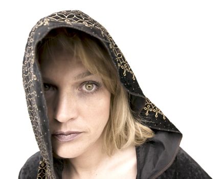 New Age Woman with Green Eyes Wearing a Hood