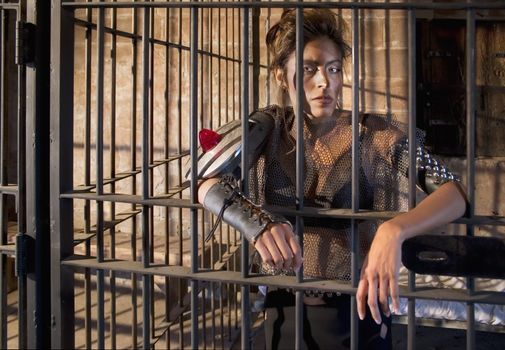 Tough science-fiction woman behind bars in a retro jail.