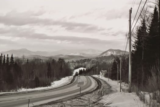 A dangerous road in winter.Shown in black and white