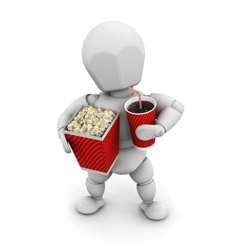 3D render of someone with popcorn and a soda drink