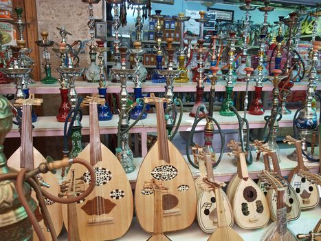 Arabic Oriental market shop selling water pipes hookah and oud    