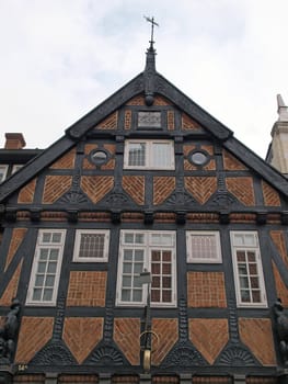 Typical old city house with wooden ornaments Denmark    