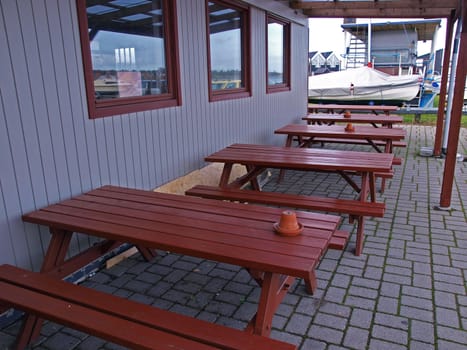 Outdoors wooden Picnic table in a restaurant of a camping site