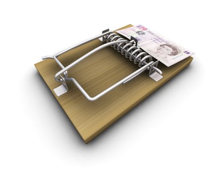 3D render of a mousetrap with money on it