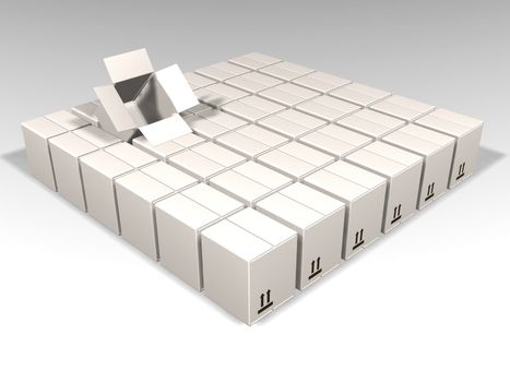 3D render of lots of white boxes with one open