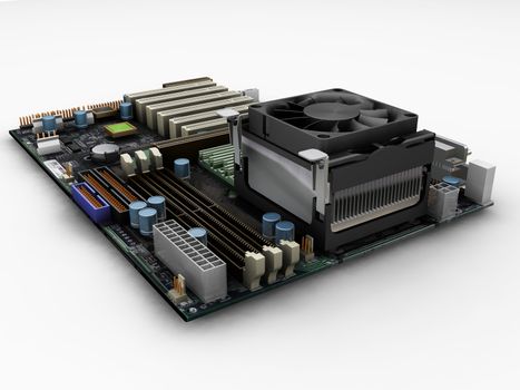 3D render of a motherboard