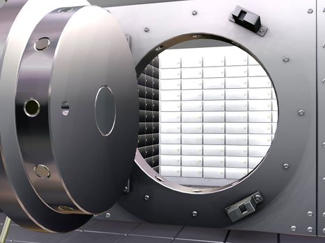 3D render of an open bank vault