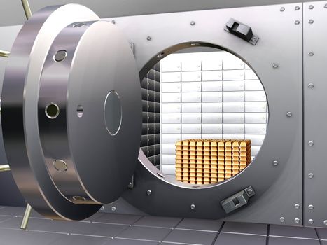 3D render of an open bank vault with gold bullions