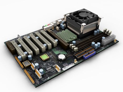 3D render of a motherboard